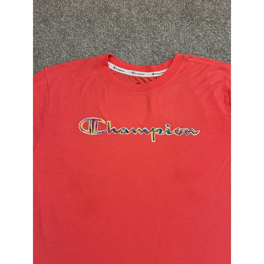 Champion T-Shirt Womens Medium Coral Pink Excellent Rainbow Script Logo GT18H